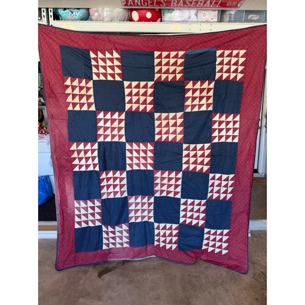 Antique Handmade Patchwork Quilt Red White Blue Americana Triangle Pattern 84x78